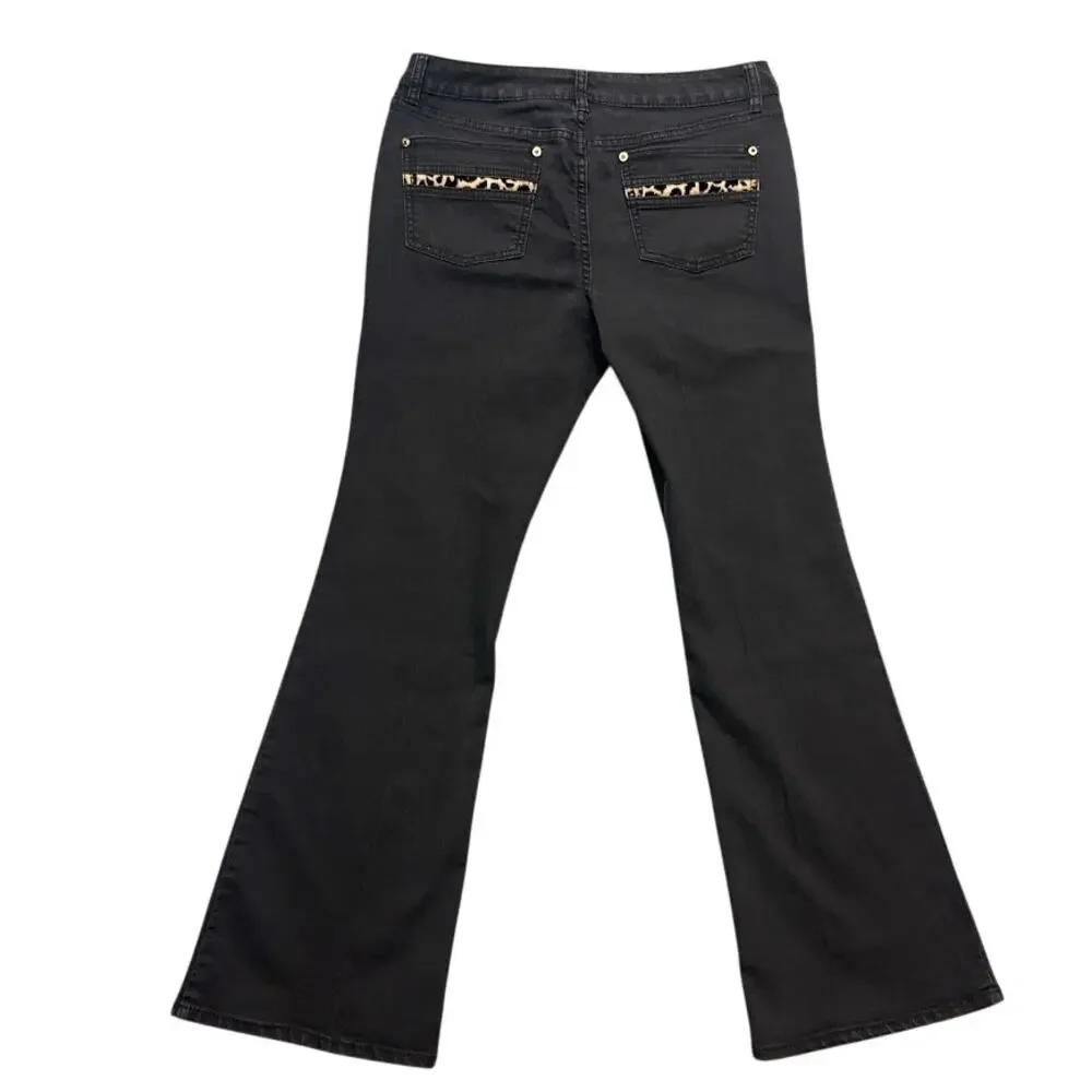 Cache Jeans Low Rise Flare Black Leopard Trim Pocket Detail Y2K Denim Size 8